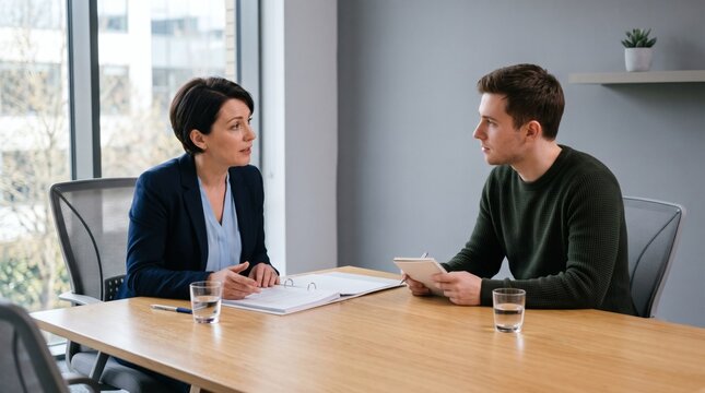 Businesswoman in a suit interviews a young man in a sweater in a modern office setting