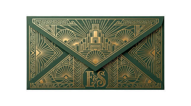 Elegant dark green envelope with luxury gold decorative art deco patterns for wedding invitations or holiday cards isolated on transparent background
