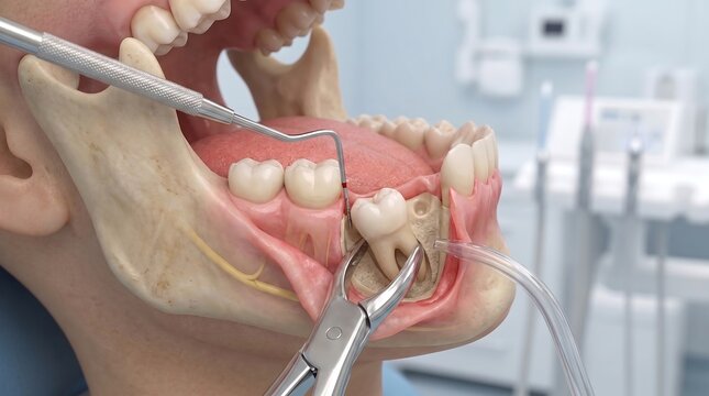 Wisdom Tooth Extraction Procedure with Impacted Molar, Dental Instruments and Jaw Anatomy