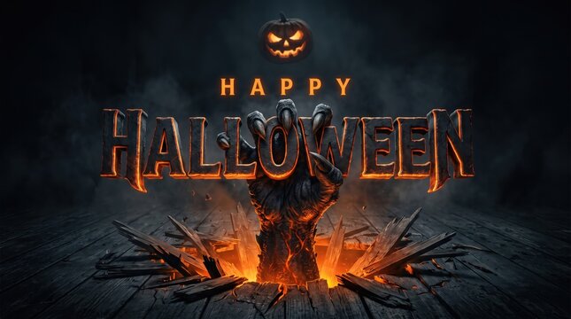 Spooky halloween background with jack o lantern, a zombie hand emerges from fiery ground beneath glowing 'happy halloween' text, dark digital art.