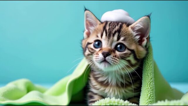 A small kitten wrapped in a towel, ready for snuggling or a warm bath