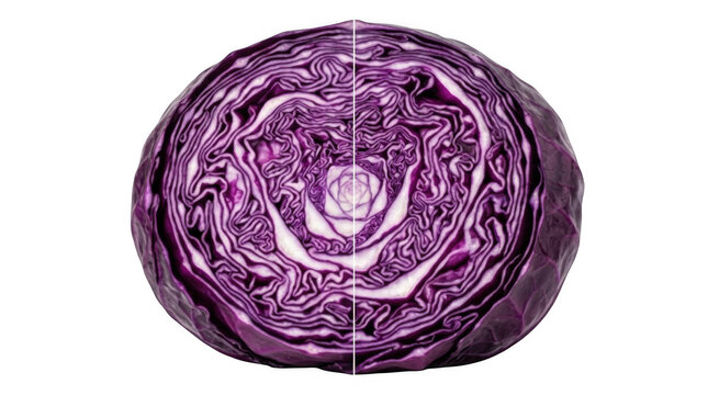 Fresh red cabbage cross section showing detailed purple layers and texture isolated on transparent background