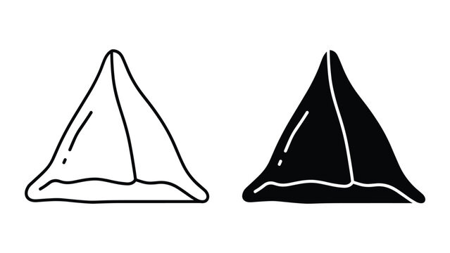 Hand drawn samosa icon set, traditional indian fried pastry snack, outline and silhouette style vector illustration isolated on white background