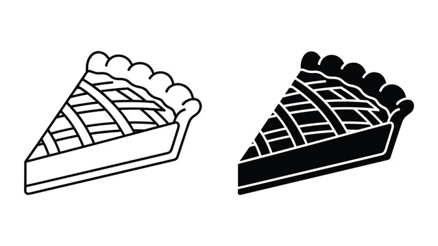 Set of pie slice icons, line art and solid black silhouette, vector illustration of a triangular piece of fruit pie with lattice crust isolated on white background