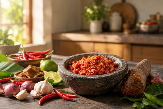 Fresh Homemade Indonesian Sambal Chili Paste in Traditional Stone Mortar with Ingredients in Rustic Kitchen Sunlight