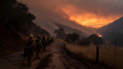 Fototapeta premium Line of firefighters walking toward a wildfire front carrying equipment