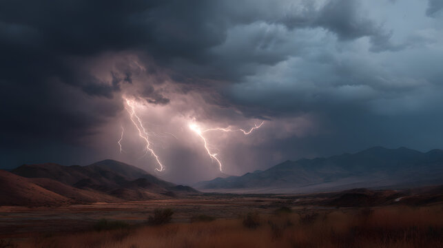 Thunderstorm lightning over desert landscape