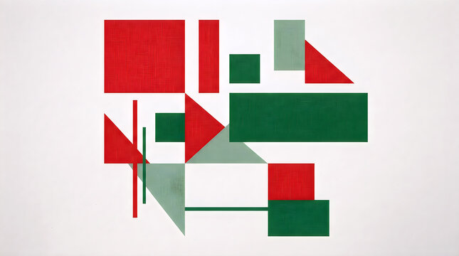 Geometric abstract composition with red and green flat shapes on white background.