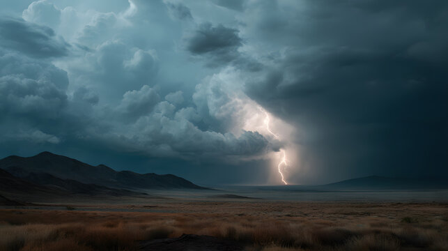 Desert thunderstorm with lightning over open landscape