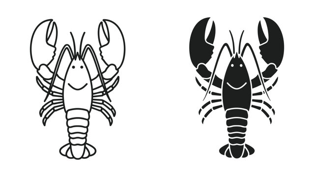 Lobster icon set, vector illustration of a cartoon lobster in outline and solid black style, simple crustacean symbol for seafood restaurant menu or logo design