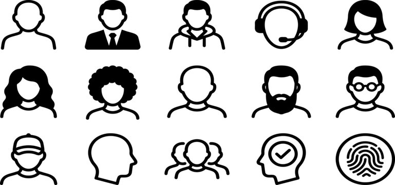 Set of diverse people avatar icons representing various user profiles and professional roles in a simple line style