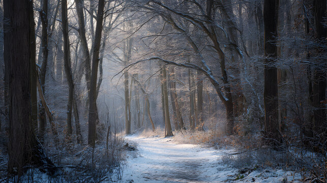 Snowy forest trail with bare trees in soft winter light