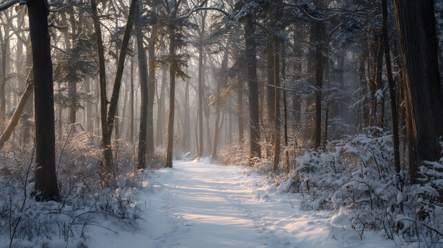 Snowy forest trail with bare trees in soft winter light