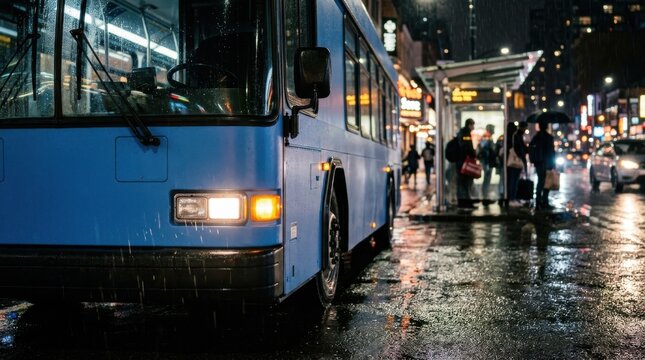 Blue public transit bus stopping at a crowded city street bus stop during a rainy night with glowing lights reflections on wet pavement