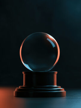 Glowing crystal sphere on pedestal in dramatic studio light