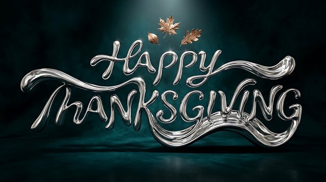 Elegant metallic silver happy thanksgiving text design on a dark moody teal background for holidays