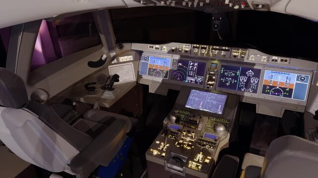 Commercial airplane cockpit interior with illuminated control panel