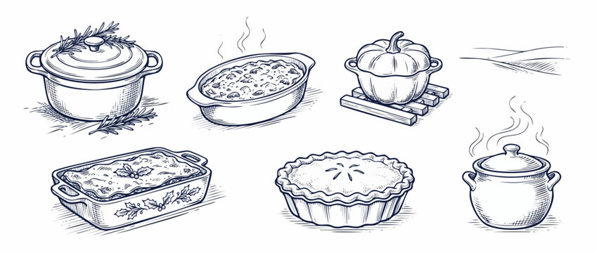 Vintage cookware food vector illustration set of autumn casserole dishes, hot pie, stew, and pumpkin pot for cozy winter recipes, holiday Thanksgiving feast, hand drawn line art food sketch design.