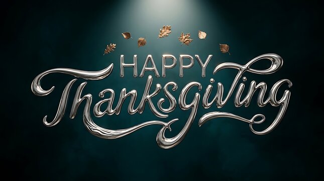 Elegant silver metallic happy thanksgiving typography greeting card design on a dark textured background surface