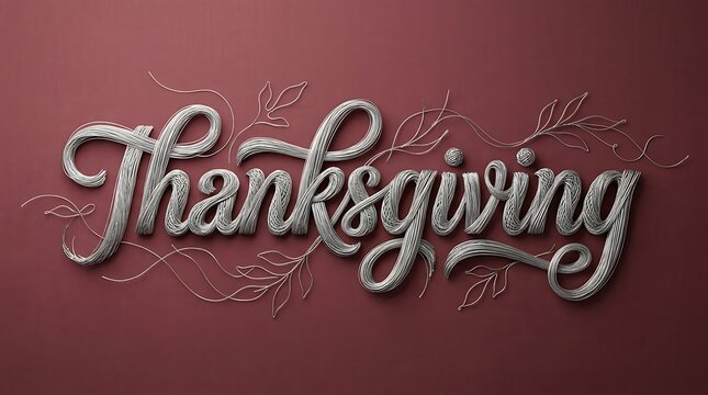 Elegant thanksgiving typography design with metallic silver lettering on a dark maroon textured background for holidays