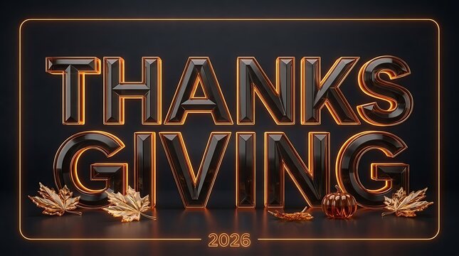 Elegant 3d metallic gold thanksgiving text design with glowing autumn leaves on a dark background