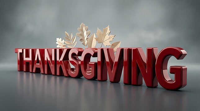 Three dimensional red metallic thanksgiving text with glowing golden autumn leaves on a grey background