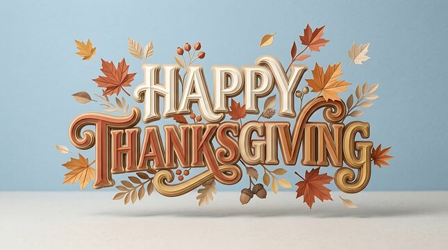 Decorative happy thanksgiving sign with colorful autumn leaves and acorns on a light blue background
