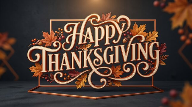 Elegant happy thanksgiving greeting card design with golden calligraphy text and beautiful autumn fall leaves background