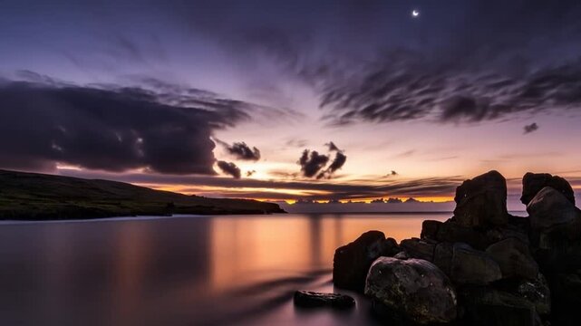 Tropical Sunset over Anakena Beach and Pacific Ocean on Easter Island, Chile. Time Lapse.