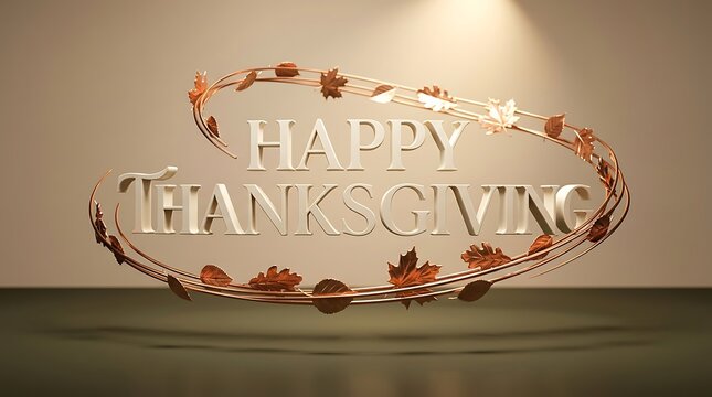 Elegant happy thanksgiving text display surrounded by a decorative wreath of autumn leaves and foliage
