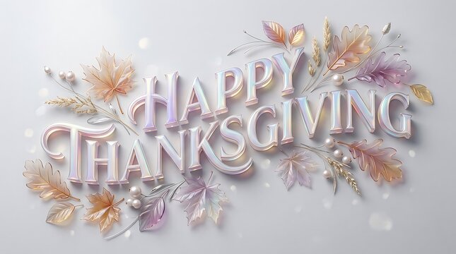 Happy thanksgiving text made of silver balloons surrounded by beautiful autumn leaves on grey background