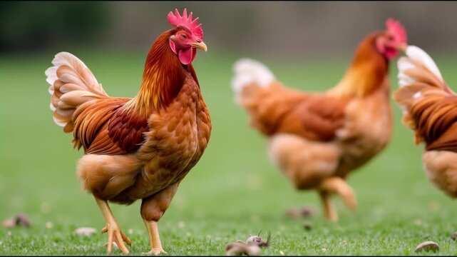 A group of chickens standing on a lush green field, possibly foraging or taking a break