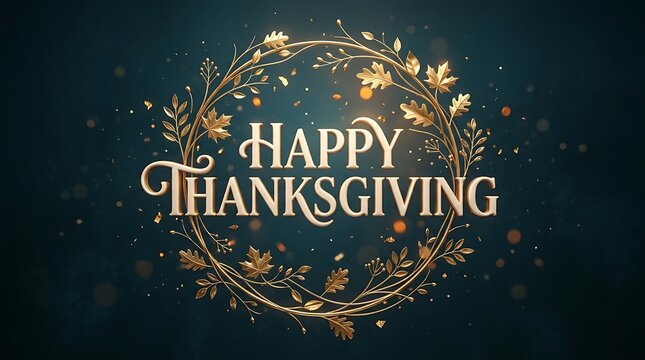 Elegant happy thanksgiving greeting card design with a golden floral wreath on a dark background