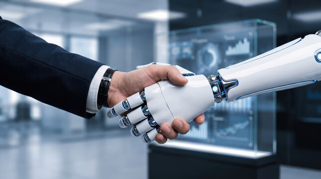 Close-Up of Businessman and AI Robot Handshake Concept in Corporate Tech 