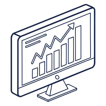 An isometric outline icon of a computer monitor with featuring upward trending art style featuring rising arrow screen trending bar graph with isometric line