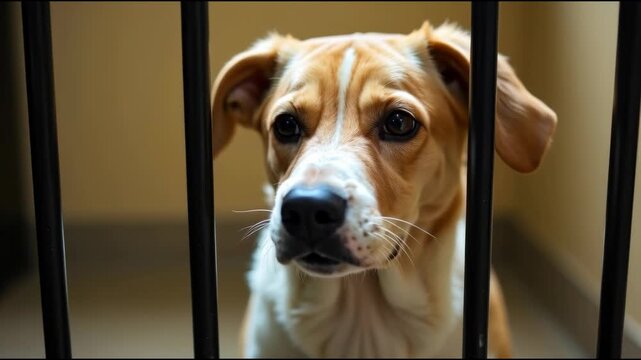 A brown and white dog is sitting behind bars, looking directly at the camera