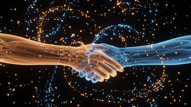 Futuristic digital handshake with glowing particle effects, abstract cybernetic hands shaking in virtual reality, technology partnership concept
