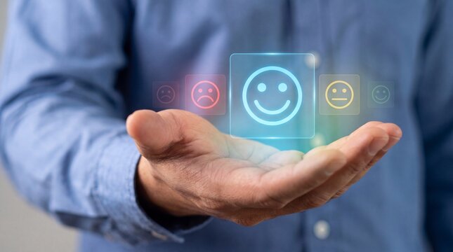 User holding blue paper cut happy smile face, Positive thinking, Mental health assessment, World mental health day concept, Positive feedback and reviews, great experience and service. emotion ... See