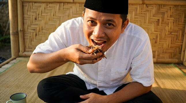 Muslim Indonesian Man in Peci Hat Eating Delicious Traditional Fried Snack with Bare Hand Happily