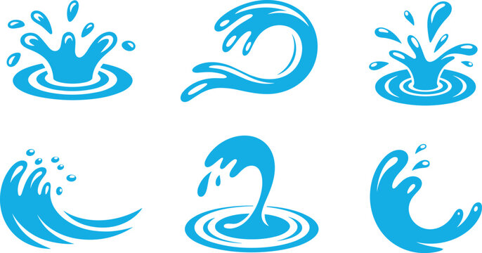 Blue water splash vector set with dynamic liquid waves and water drops for graphic design