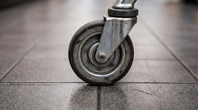 Close up of a single metal caster wheel with rubber tire rolling on a tiled floor