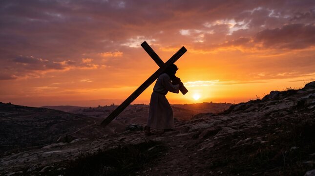 Jesus Christ carrying the cross silhouette against a dramatic sunset sky on a rocky hill
