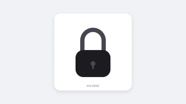 Minimalist Animated Padlock Icon Closing with Secured Text Label for Cyber Security Concept
