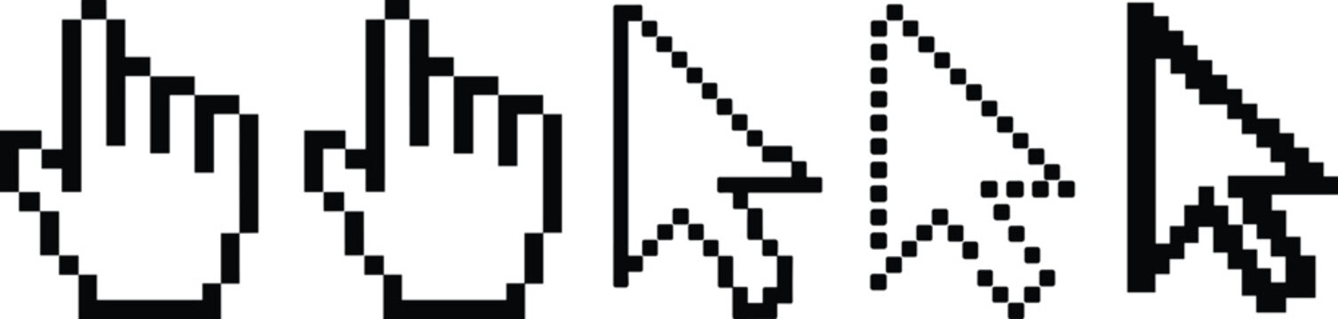Retro pixel art computer mouse cursor and hand pointer vector set featuring vintage digital interface icons