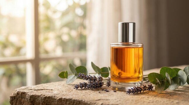 Aromatherapy bottle with golden essential oil resting on rustic stone surface surrounded by fresh fragrant lavender sprigs and green eucalyptus