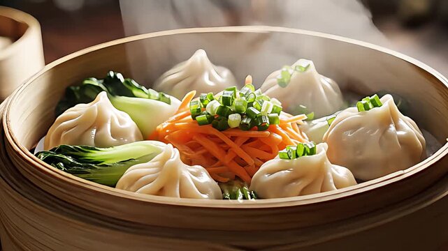 Steaming Dumplings Served in Traditional Bamboo Basket with Vegetables
