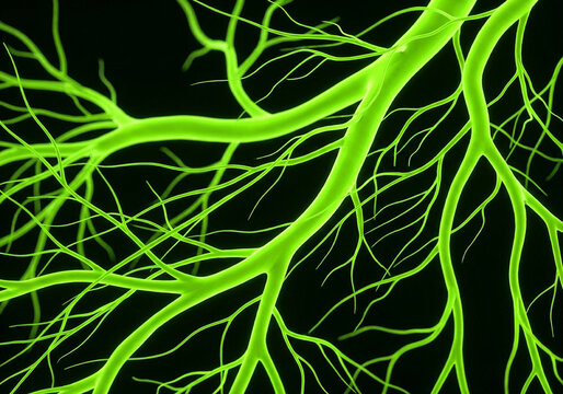 Glowing green organic filaments resembling neural networks or plant roots