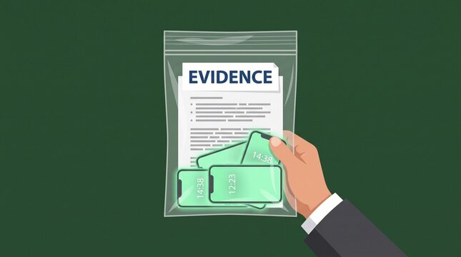 Hand holding a plastic evidence bag containing digital devices and documents for investigation.
