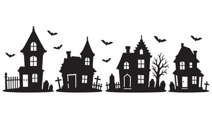 Fototapeta premium Haunted village with old houses and flying bats silhouette