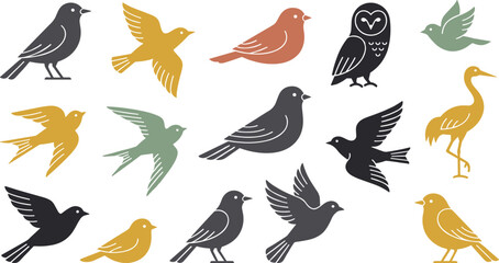 Naklejka premium Minimalist Bird Silhouette Vector Set with Flying Swallow Owl Crane and Sparrow Icons for Elegant Logo Designs